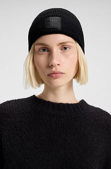 Kulicha BOSS Wool-Blend Beanie with Logo Label Čierna | 50548413, 1