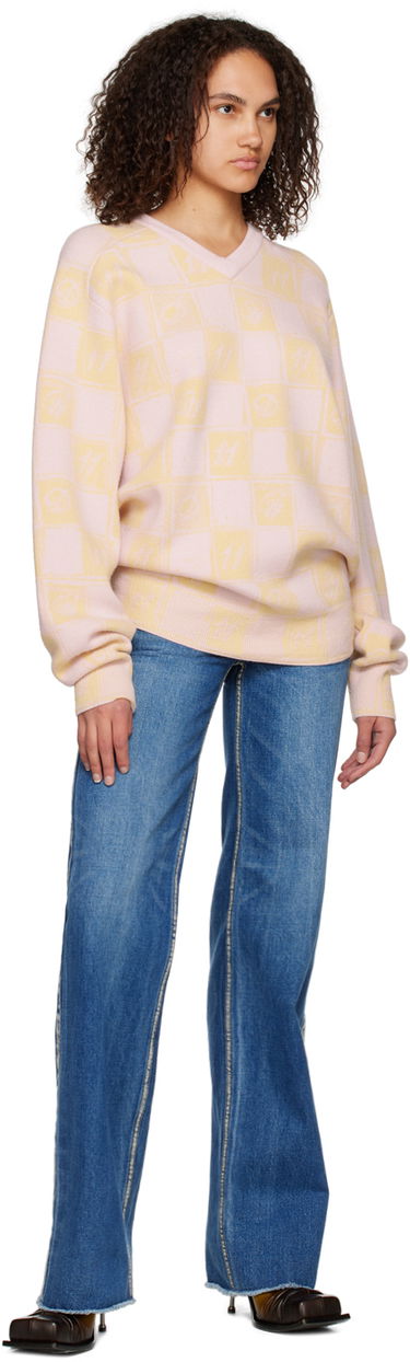 Sveter We11done We11done Checkerboard V-Neck Sweater Ružová | WD-KT3-22-639-U-YE, 3