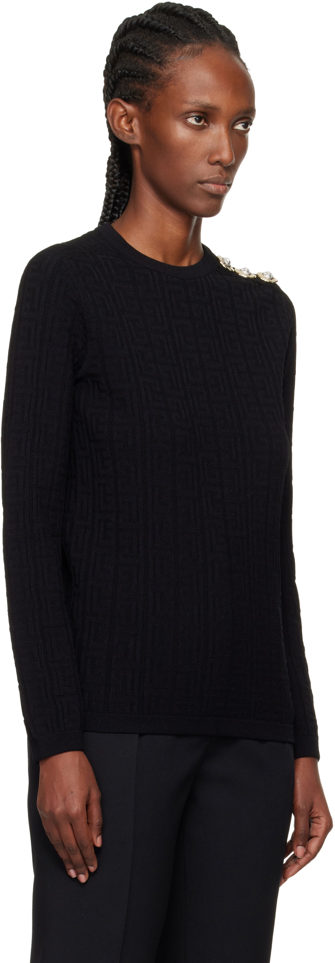 Sveter Balmain Monogram Crewneck Long-Sleeve Sweater with Decorative Shoulder Buttons Čierna | FF1KD090KI63, 1