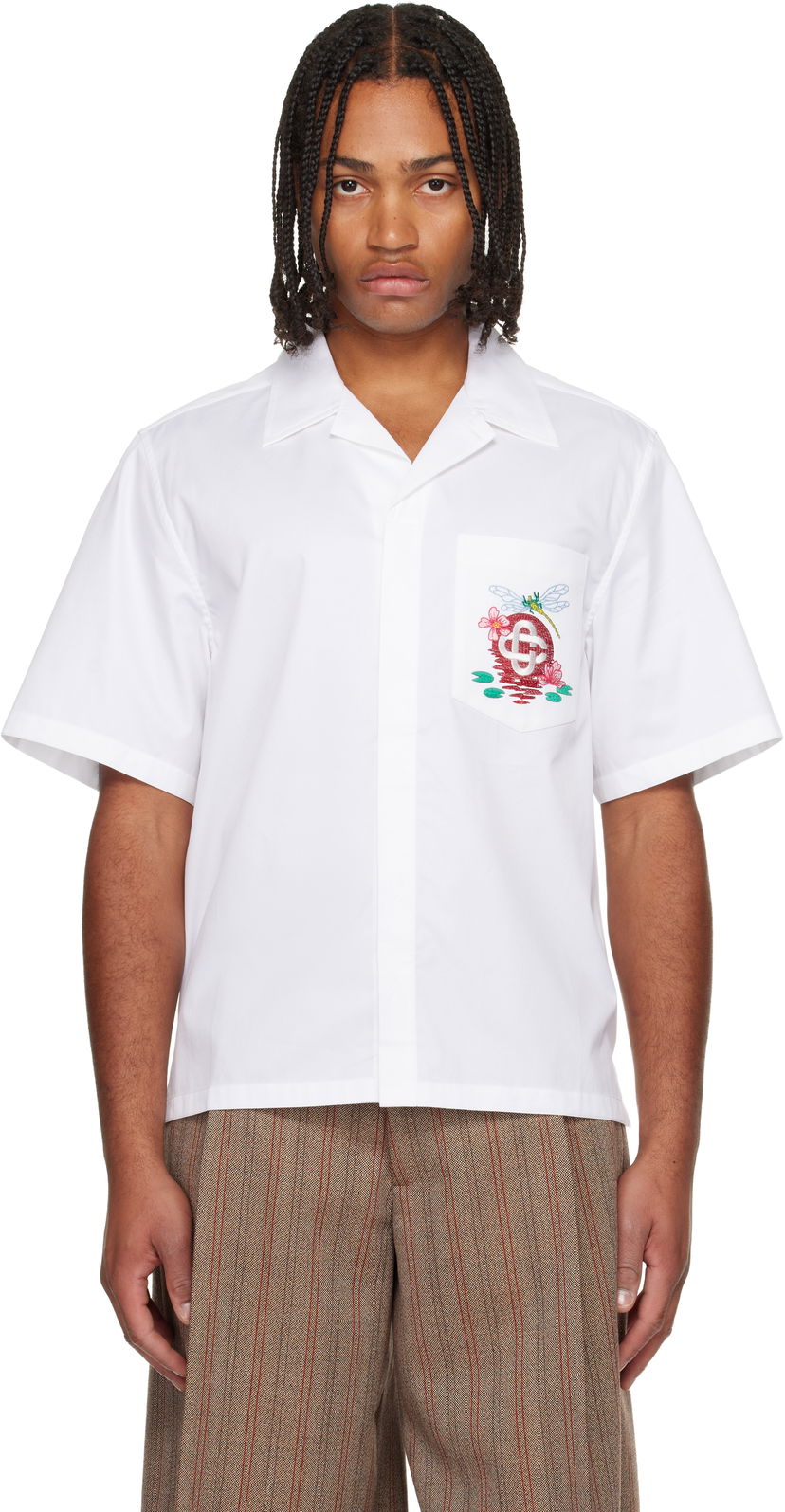 Košeľa Casablanca Cotton Poplin Dragonfly and Floral Embroidered Short Sleeve Cuban Collar Shirt Biela | M-AW25-SH-209-01