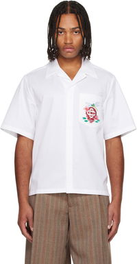 Cotton Poplin Dragonfly and Floral Embroidered Short Sleeve Cuban Collar Shirt