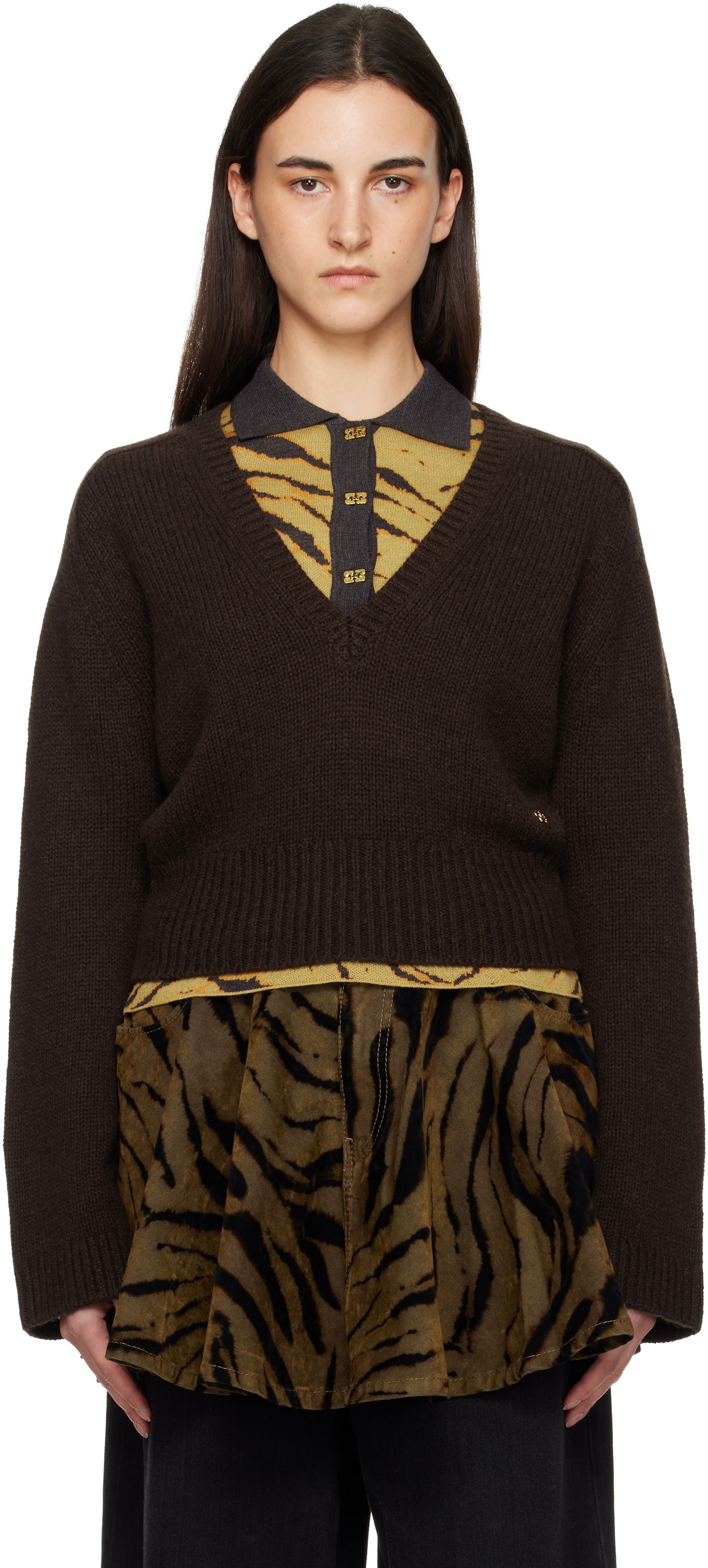 Sveter GANNI V-Neck Jumper Sweater Hnedá | K2614, 0