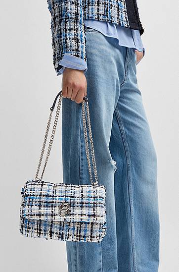Taška cez rameno BOSS Tweed Shoulder Bag with Double B Monogram Modrá | 50536546, 1