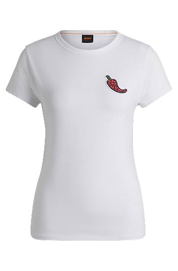 Tričko BOSS Fitted Cotton T-Shirt with Crystal Chilli Pepper Biela | 50535125, 0