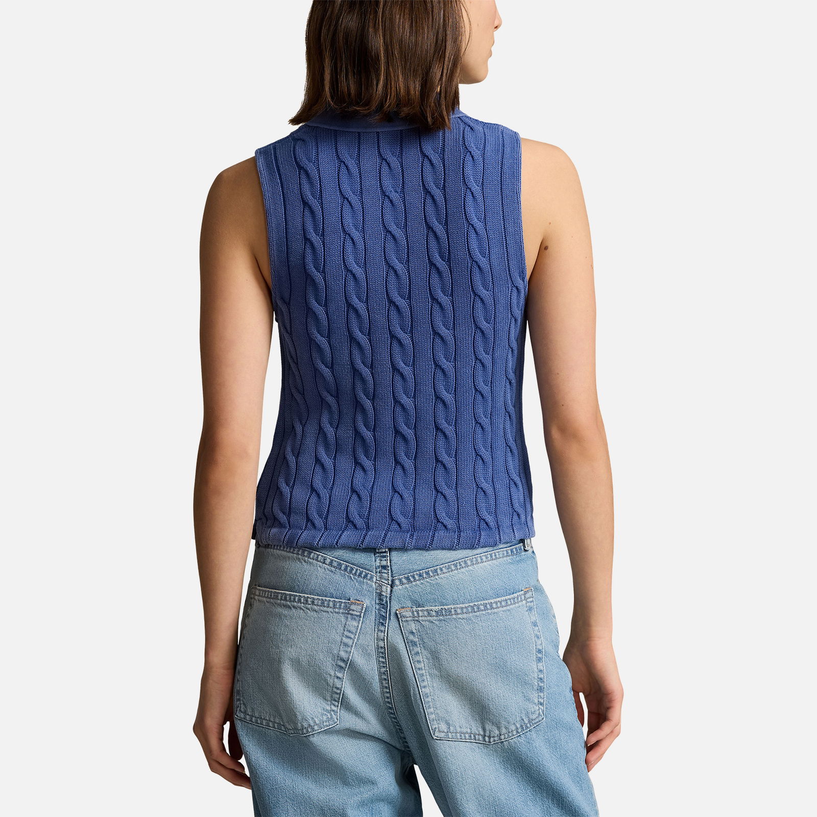 Sleeveless Cotton Cable-Knit Polo Shirt