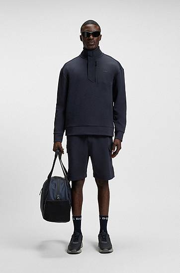 Sveter BOSS Stretch Sweatshirt with Stormflap Navy | 50537572, 1