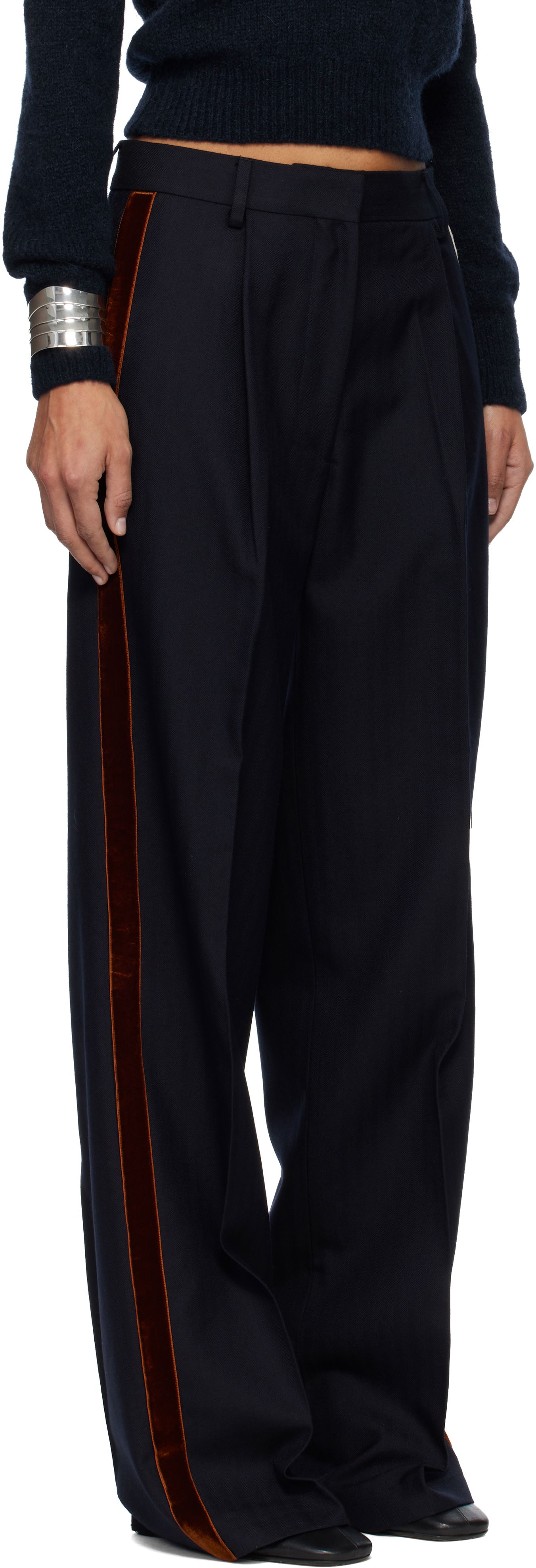Nohavice Dries Van Noten Dries Van Noten Embellished Tuxedo Trousers with Velvet Side Stripe and Lace-Up Detail Navy | 252-010960-2193, 1