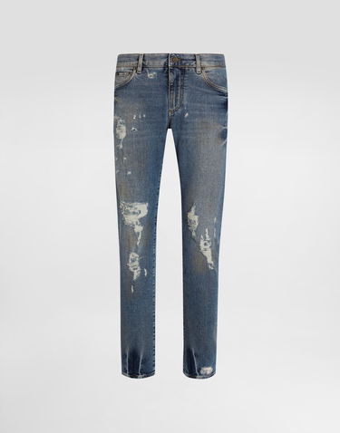 Džínsy Dolce & Gabbana Dolce & Gabbana Slim-Fit Distressed Stretch Cotton Jeans Modrá | GY07CDG8MV3S9001, 0