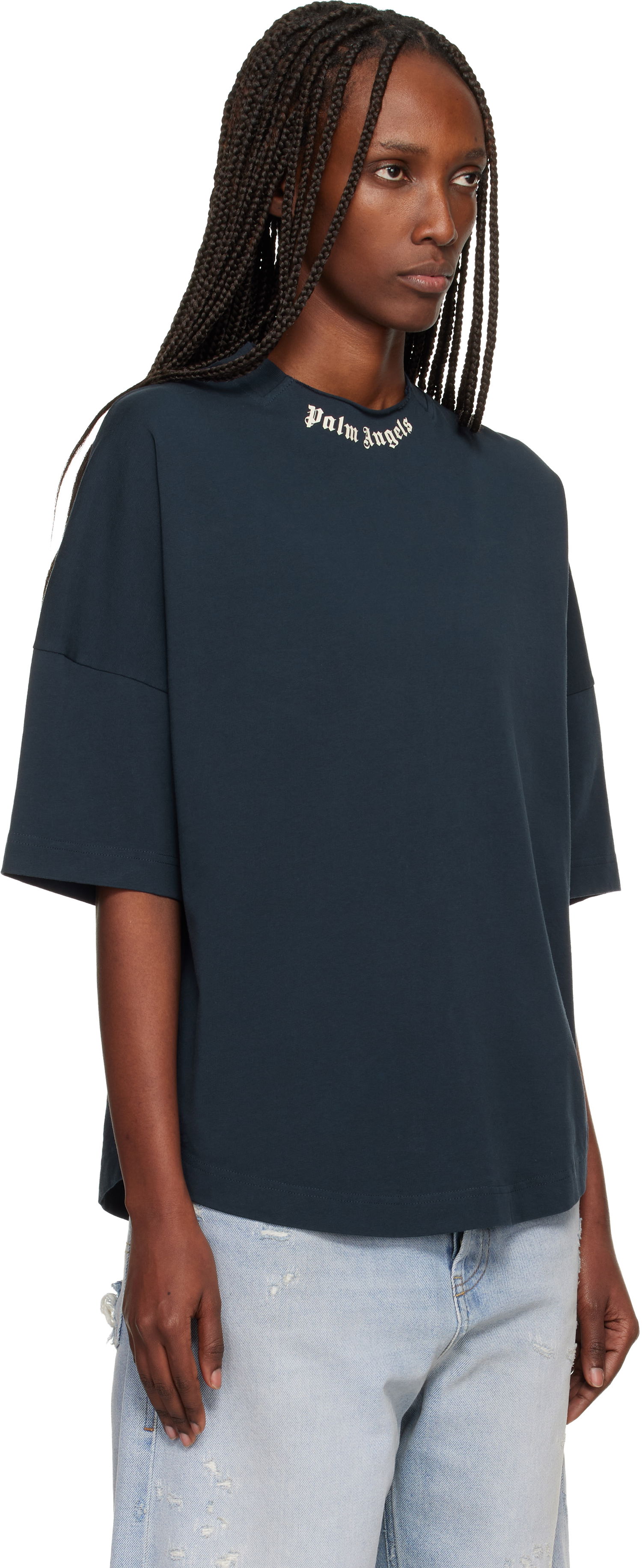 Tričko Palm Angels Curved Logo Collar Oversized T-shirt Navy | PWAA07DF25JER0014903, 1