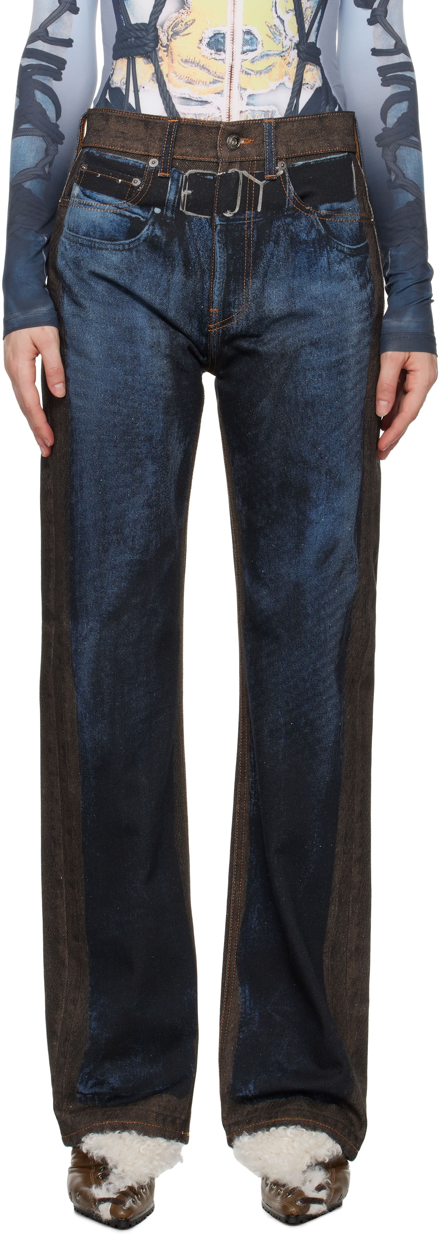 Džínsy Y/PROJECT Two-Tone Straight-Leg Jeans Modrá | 207PA019, 0