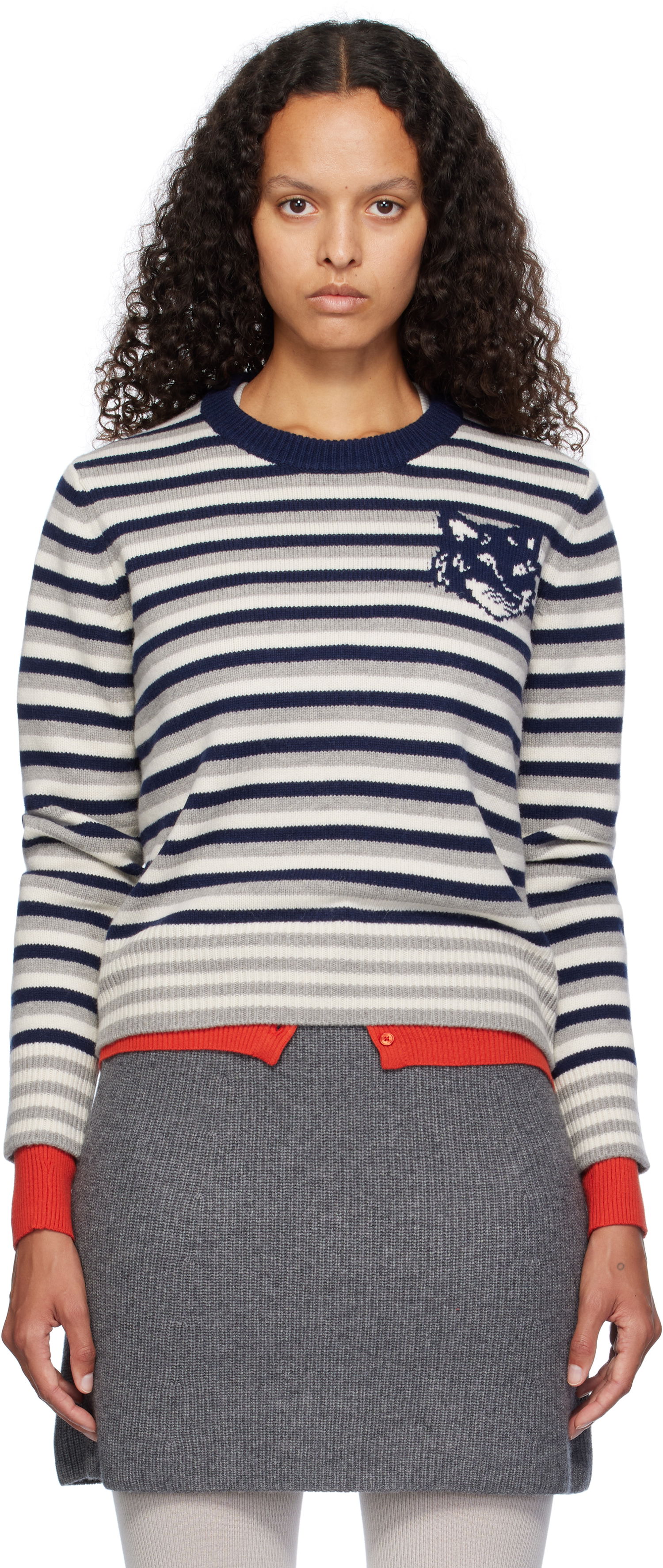 Sveter MAISON KITSUNÉ Fox Head Striped Sweater Modrá | NW00804KM0329, 0