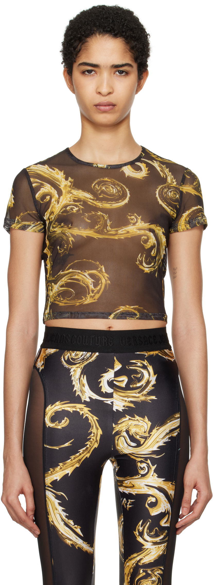 Crop Top Versace Couture Mesh Crop T-shirt Čierna | E77HAH6A2_EJS398