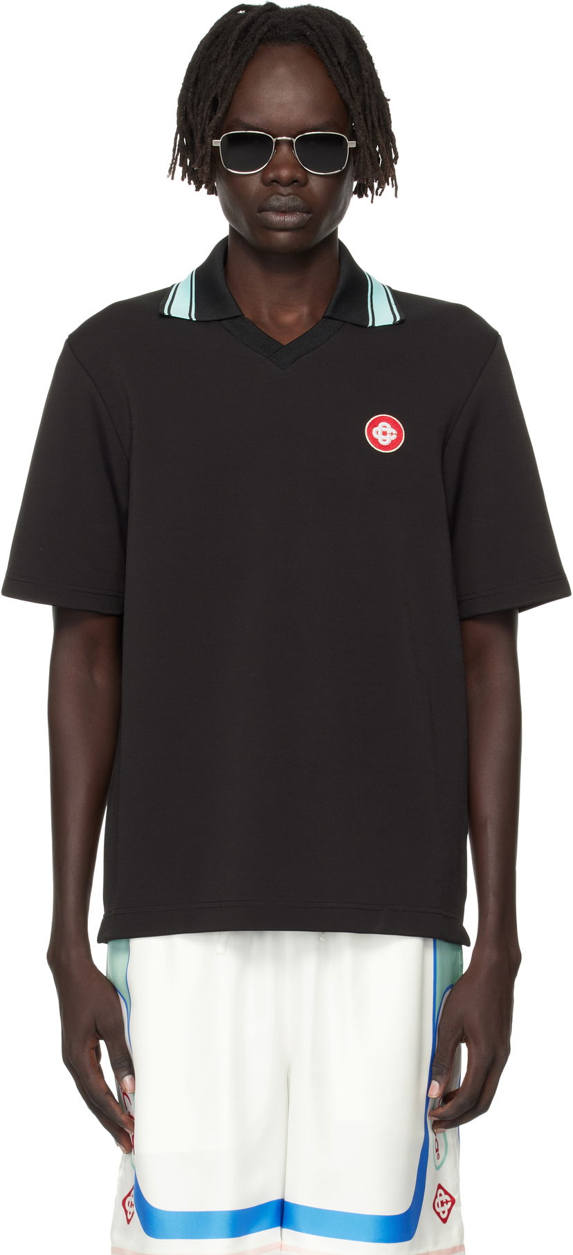 Polo tričko Casablanca Casablanca Double V-Neck Short Sleeve Polo Čierna | MPF25-JTP-381-01