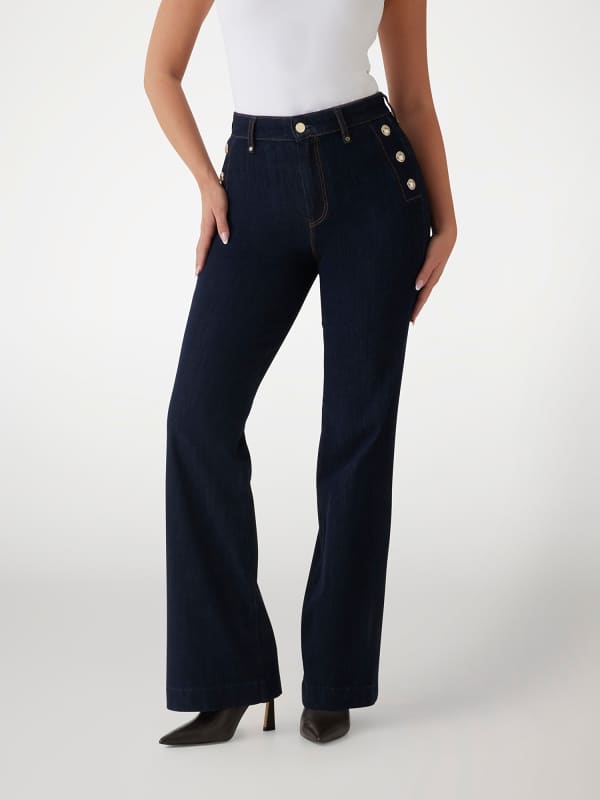 Džínsy GUESS Faye High-Waisted Button Detail Wide-Leg Chino Pants Modrá | W5RA0PD5PW1