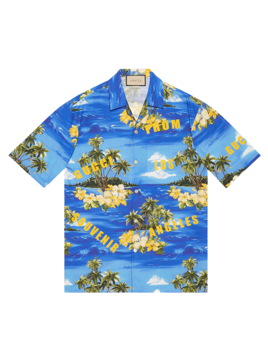 Košeľa Gucci Printed Cotton Poplin Bowling Shirt Modrá | 694124 ZAJSR 4464