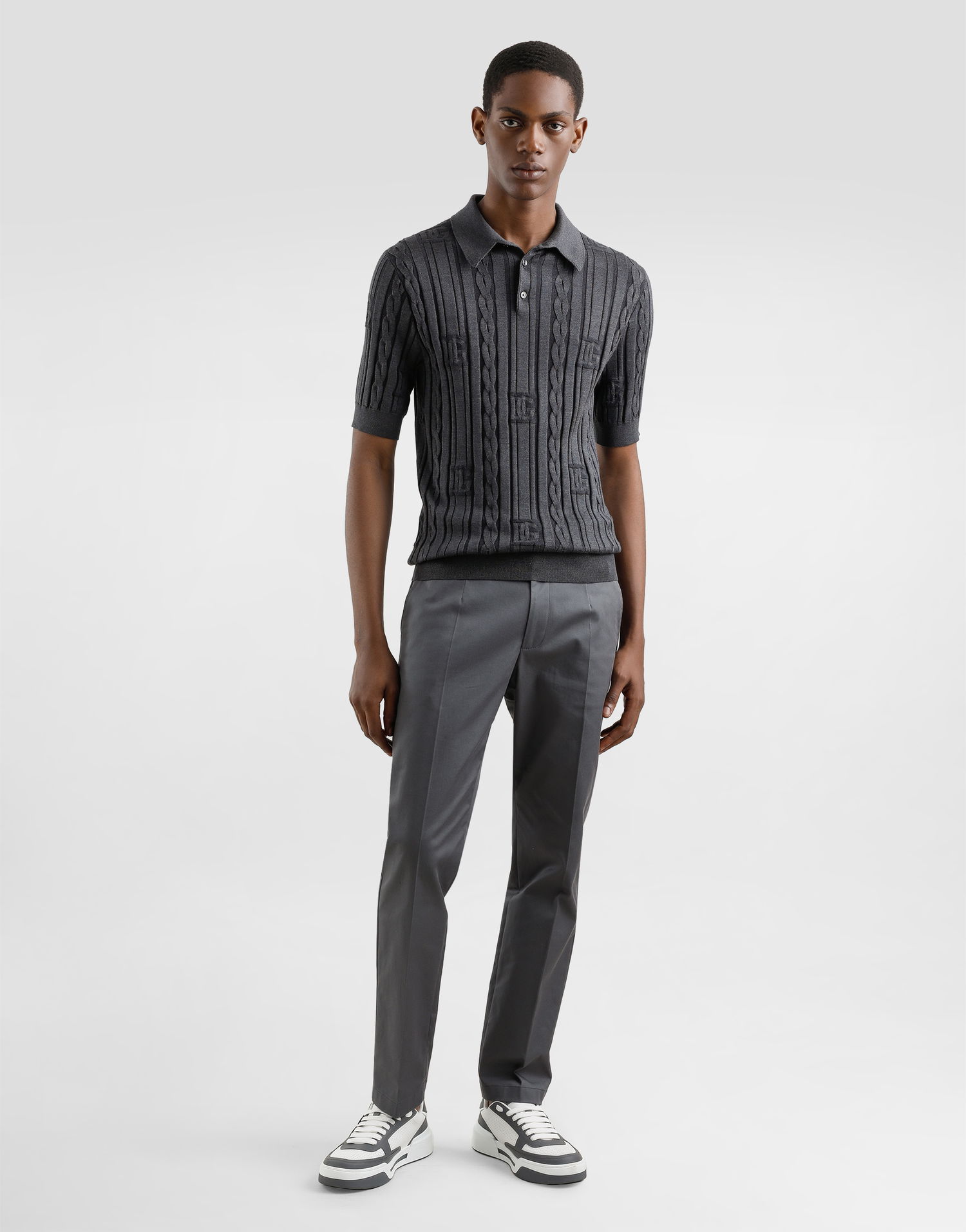 Polo tričko Dolce & Gabbana Dolce & Gabbana Silk and Cotton Cable Knit Polo Shirt Šedá | GXZ02TJFMKSN0305, 1