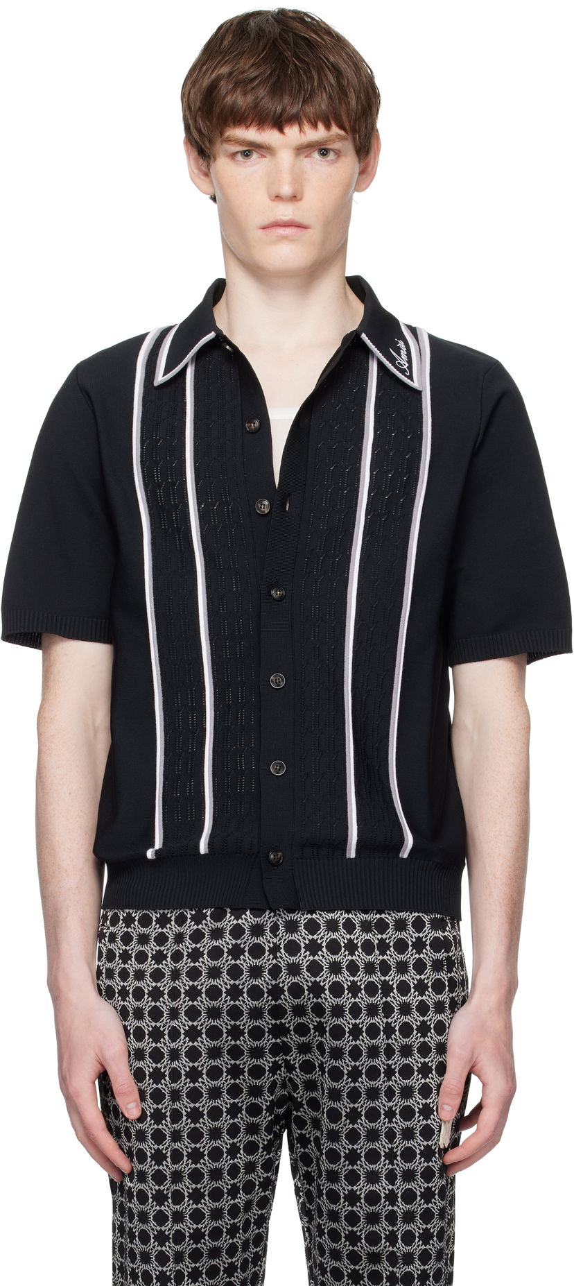 Polo tričko AMIRI AMIRI Script Stripe Knit Polo Čierna | AMKNIR1025