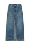 Long Denim Skirt with Logo Pinstripe and Front Slit