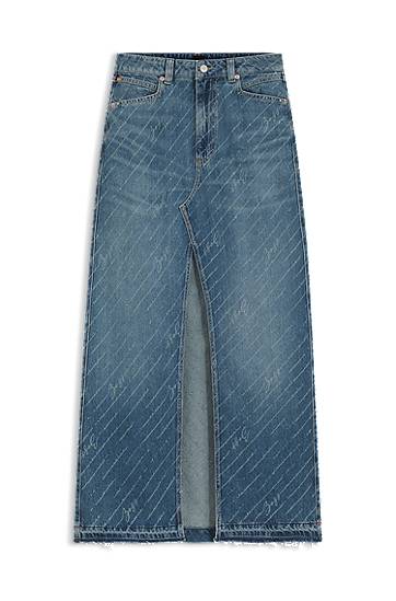 Sukňa BOSS Long Denim Skirt with Logo Pinstripe and Front Slit Modrá | 50542445, 0