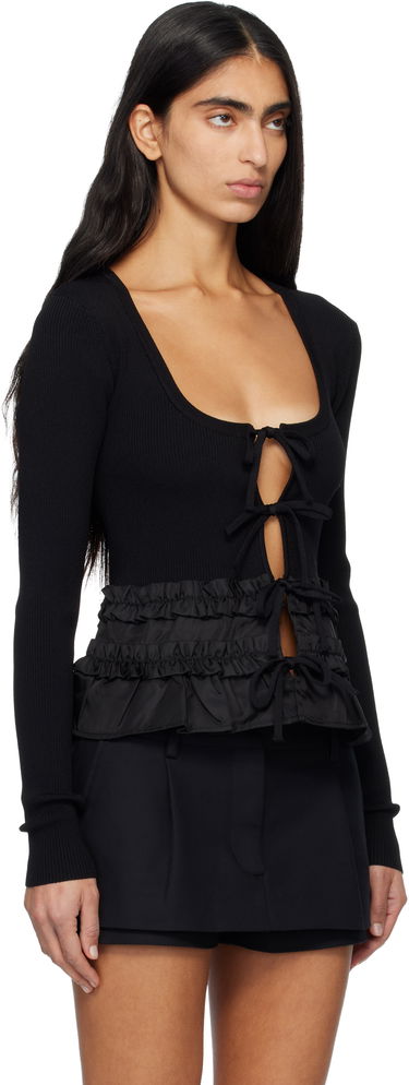 Sveter GANNI Ribbed Tie-Front Ruffled Knit Cardigan Čierna | K2510, 1