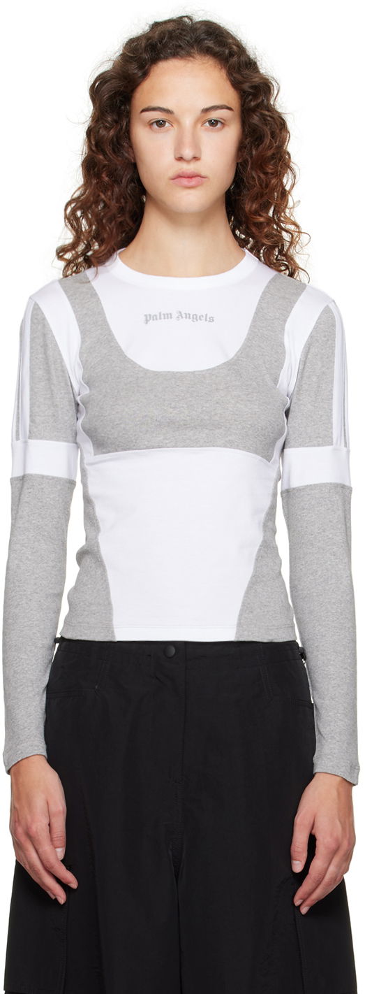 Tričko Palm Angels White & Gray Paneled Long Sleeve Šedá | PWAB030E23FAB0010305