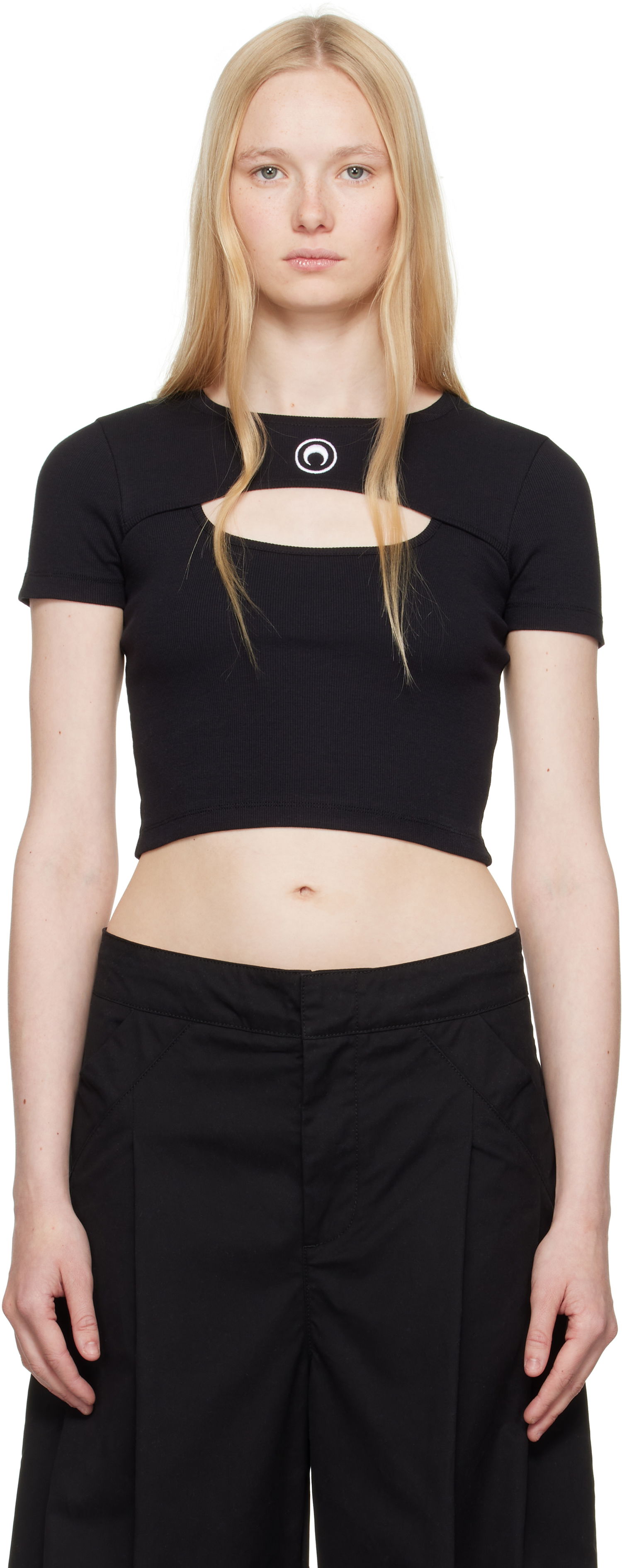 Crop Top Marine Serre Marine Serre Moon Logo Cut-Out Ribbed T-Shirt Čierna | WTT023A CJER0011, 0