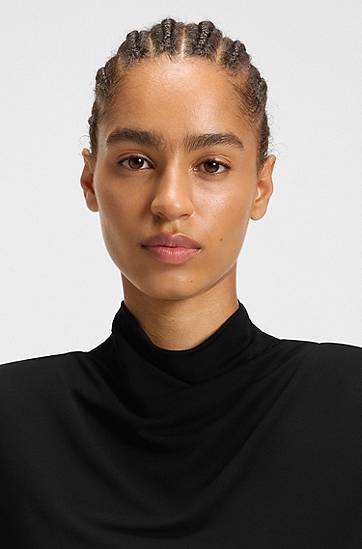 Šaty BOSS Long-Sleeve High-Neck Jersey Dress with Feathered Plissé Pleats Čierna | 50548115, 1