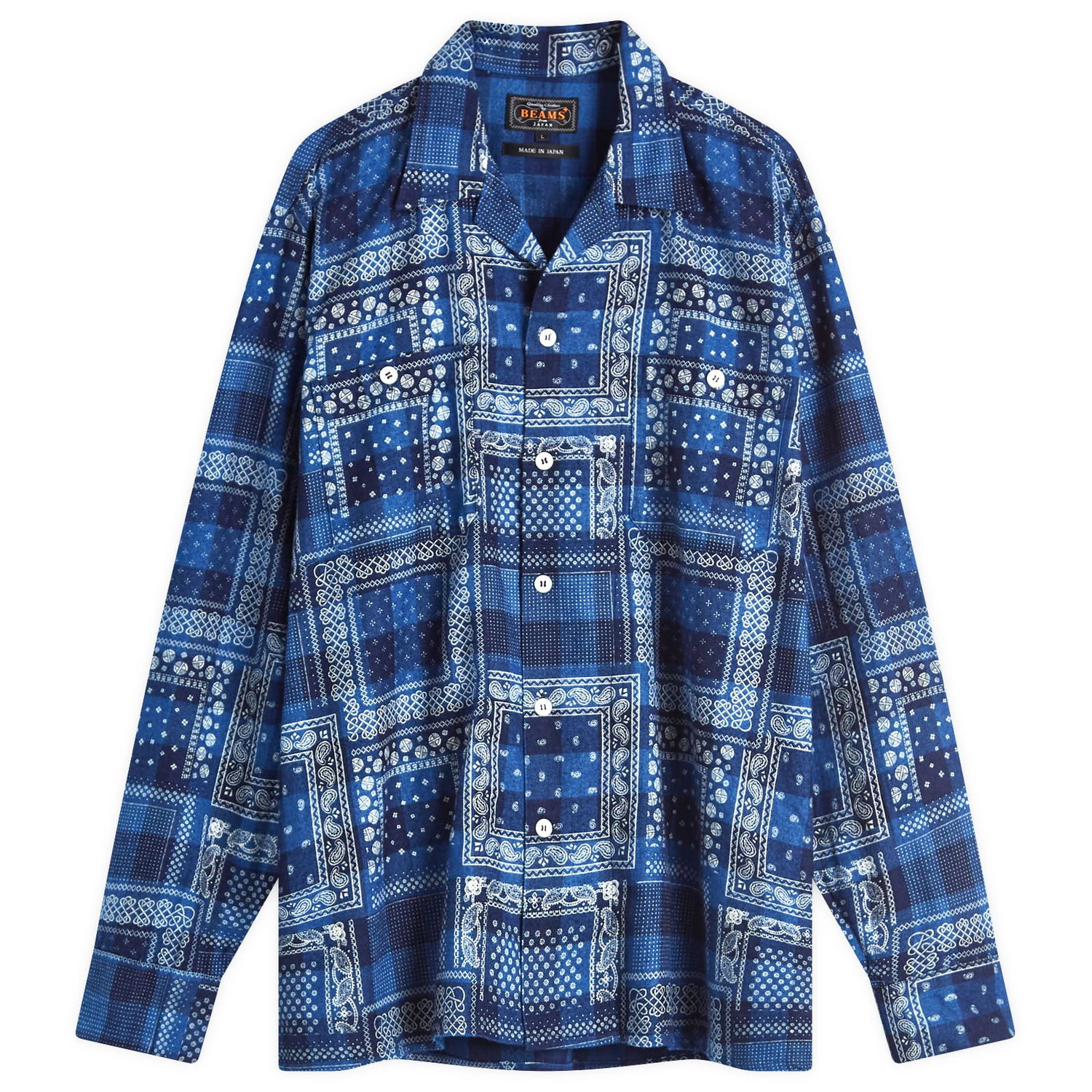 Košeľa BEAMS Beams Plus Open Collar Print Shirt, Size Medium Modrá | 3811-0895-139-78, 1