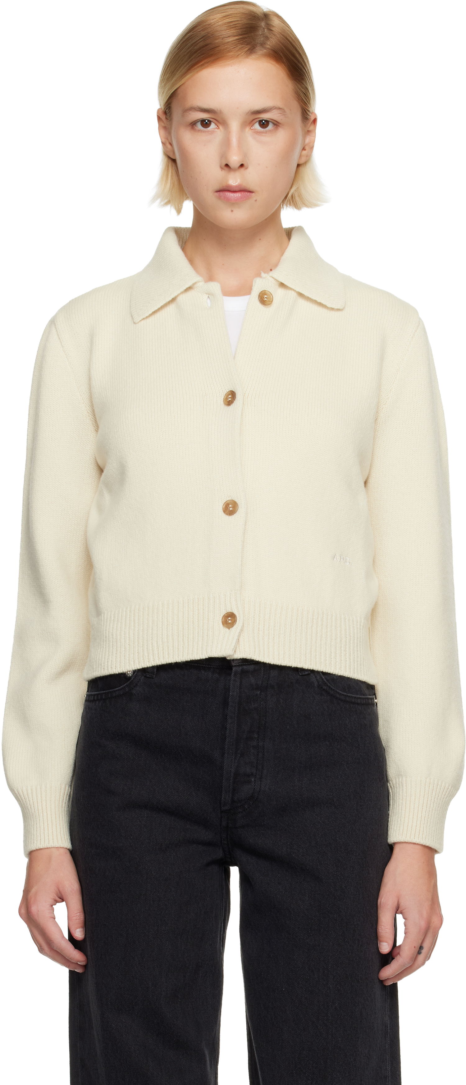 Sveter A.P.C. Cropped Knit Polo Collar Cardigan Biela | WVBDN-F22315, 0