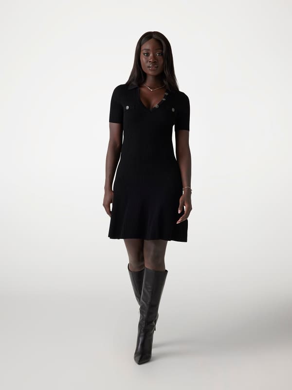 Šaty GUESS Ribbed Polo Sweater Mini Dress Čierna | W5RK18Z2U00, 0