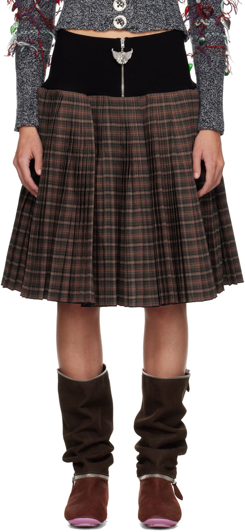 Sukňa Chopova Lowena Chopova Lowena Pleated Plaid Knee Midi Skirt Hnedá | 3274