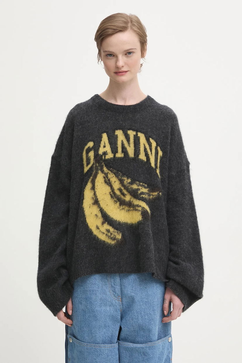 Sveter GANNI Fine Brushed Alpaca Banana Oversized Sweater Šedá | K2516