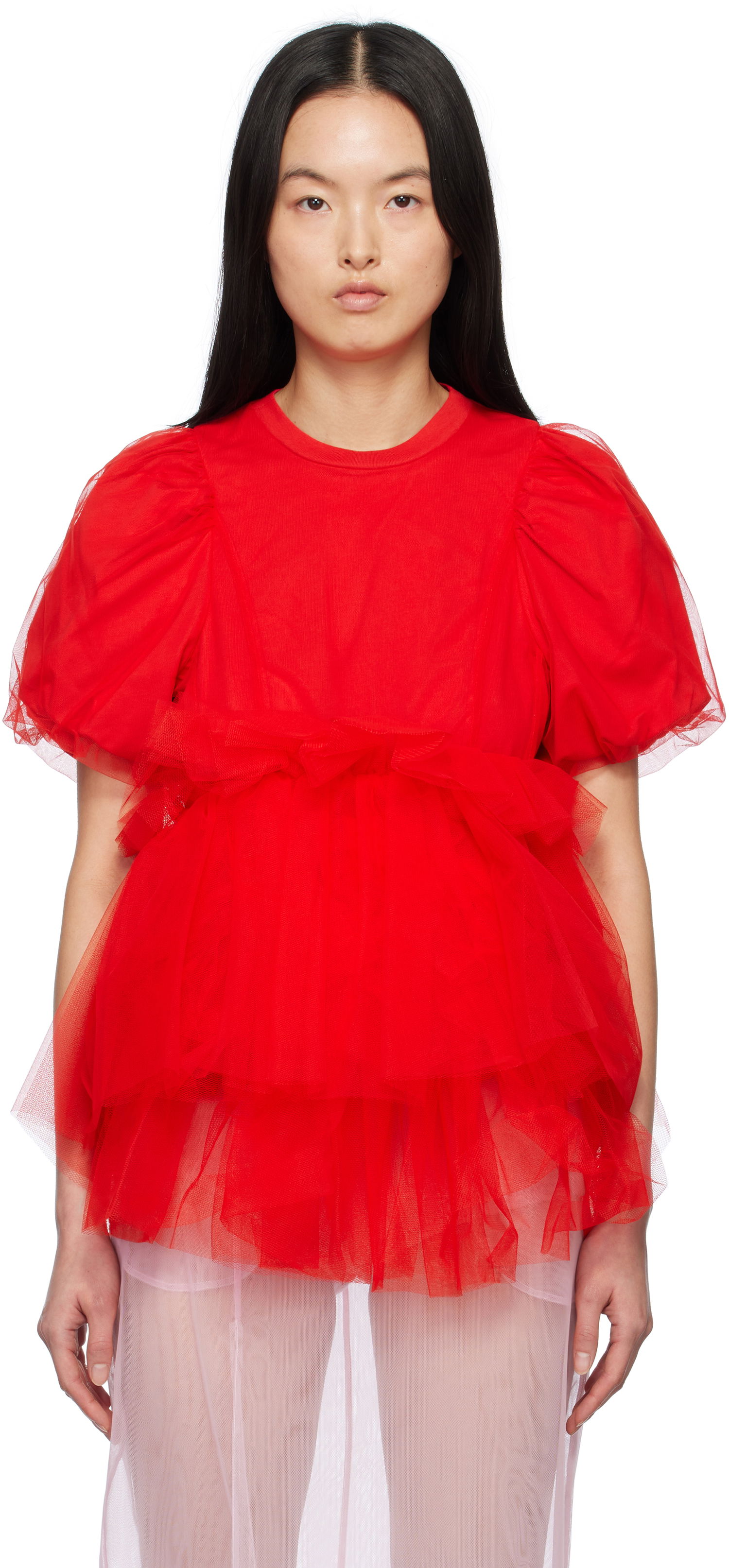 Tričko Simone Rocha Simone Rocha Tulle Overlay Puff Sleeve Tutu Hem T-Shirt Červená | 5310 0553, 0