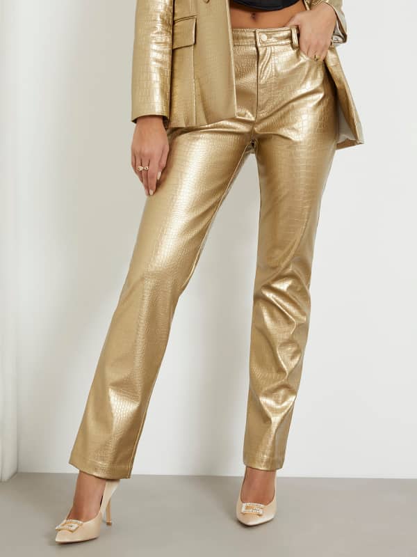 Nohavice GUESS Metallic Faux Leather Straight Pant Metalická | W4PA0YWGCJ0, 0