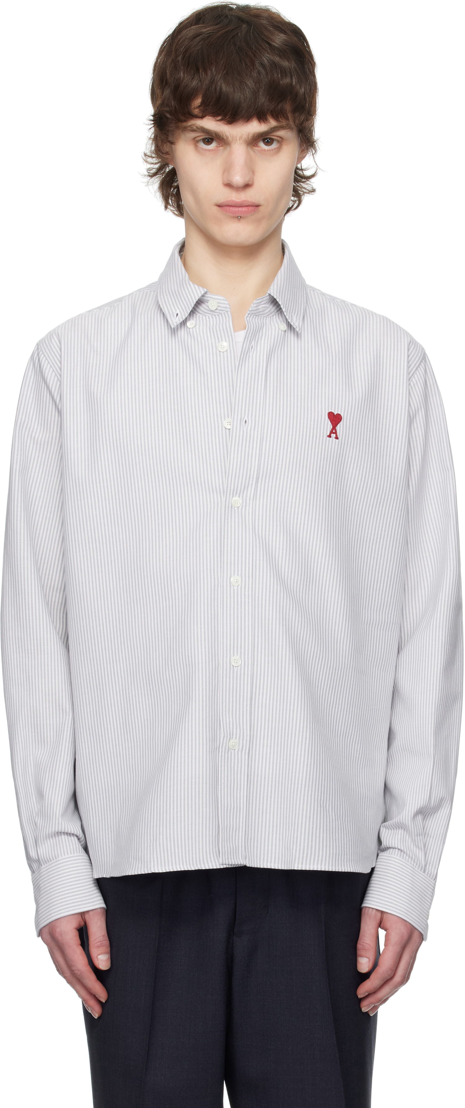 Košeľa AMI AMI Cotton Striped Button-Down Ami de Coeur Shirt Biela | USH063.CO0087, 0