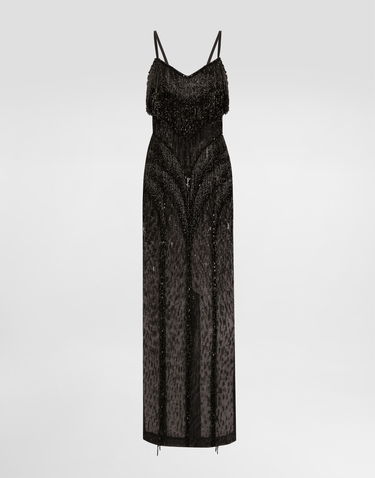 Šaty Dolce & Gabbana Dolce & Gabbana Long Marquisette Dress with Sequined Fringe Čierna | F6TPAZGDC1EN0000, 0