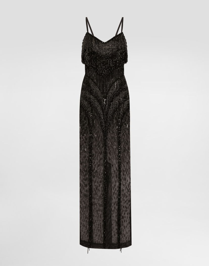 Šaty Dolce & Gabbana Dolce & Gabbana Long Marquisette Dress with Sequined Fringe Čierna | F6TPAZGDC1EN0000