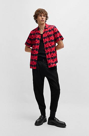 Košeľa BOSS Relaxed-Fit Cotton Shirt with Smoke-Logo Print Červená | 50534240, 1