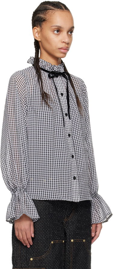 Košeľa GANNI Ganni Sheer Check Tie-Neck Blouse Biela | W0155, 1
