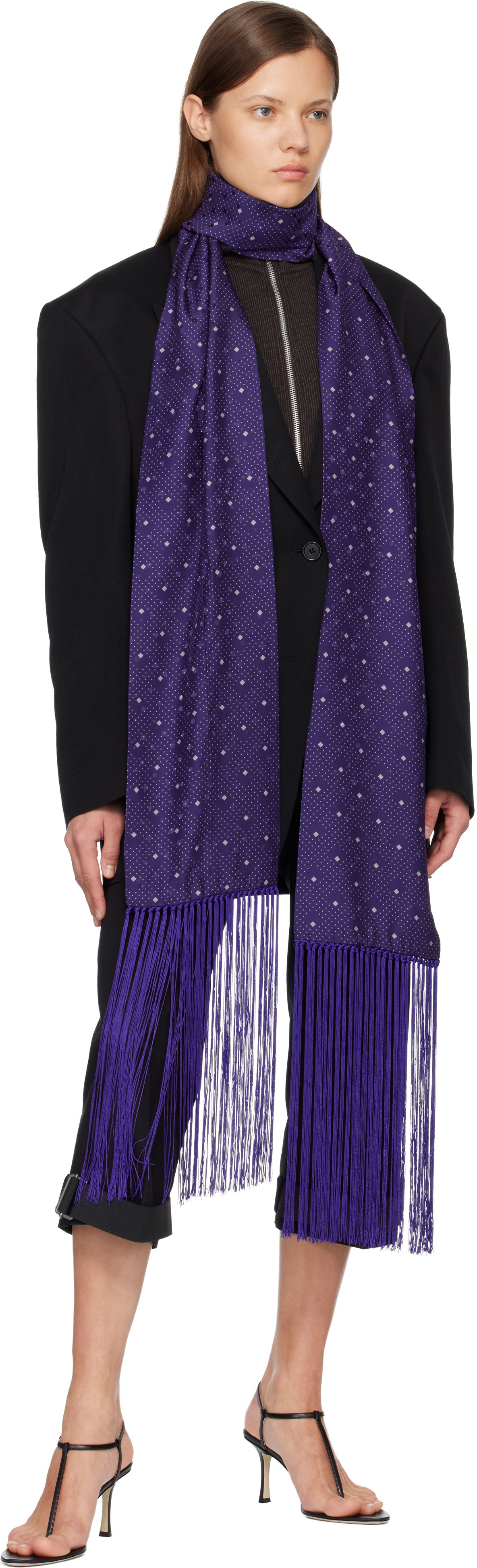 Šál Acne Studios Acne Studios Silk Scarf with Polka Dot and Diamond Pattern and Fringe Detail Fialová | CA0402-, 1
