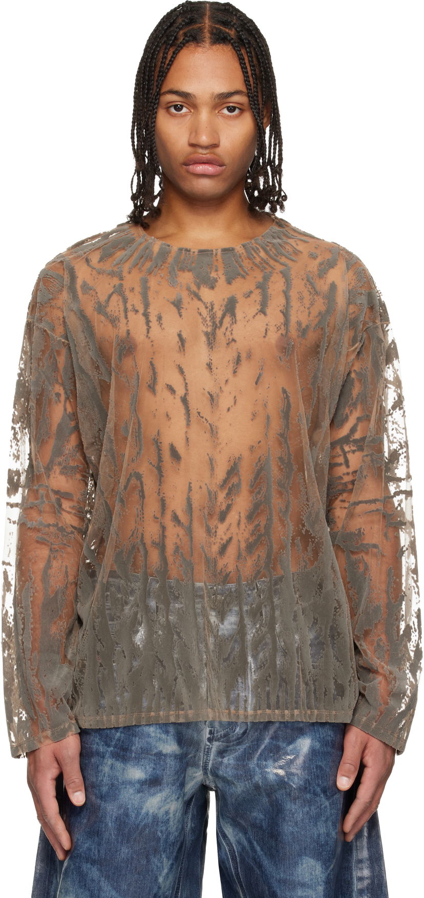 Tričko Diesel Sheer Flocked Long-Sleeve T-shirt T-Taras Šedá | A21098-0SLCQ-98BA