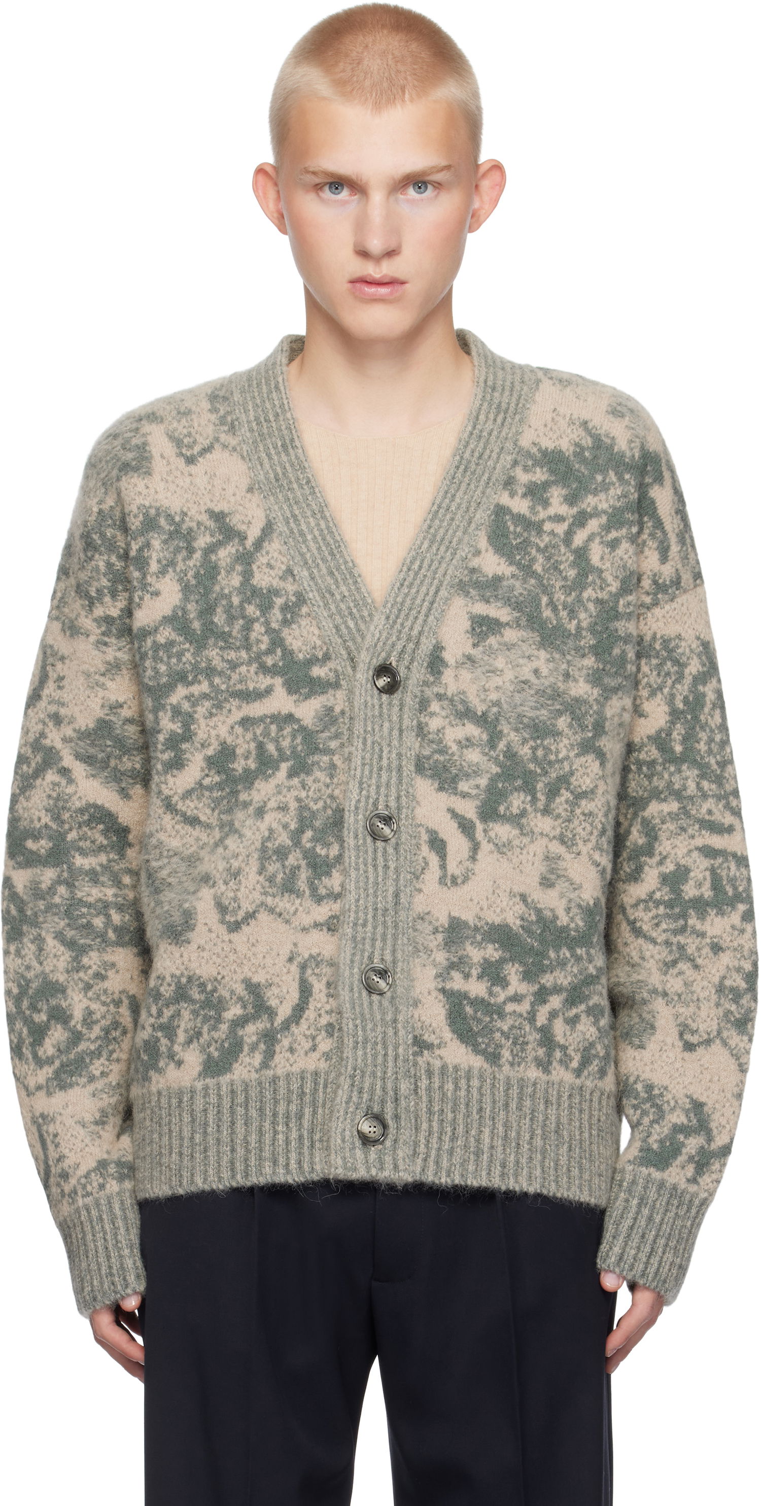 Sveter AMI Alpaca Mohair Jacquard Cardigan Zelené | UKC048.KN0060, 0