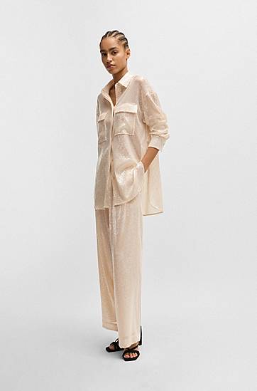 Nohavice BOSS Sequined Stretch Wide-Leg Trousers Béžová | 50524262, 1