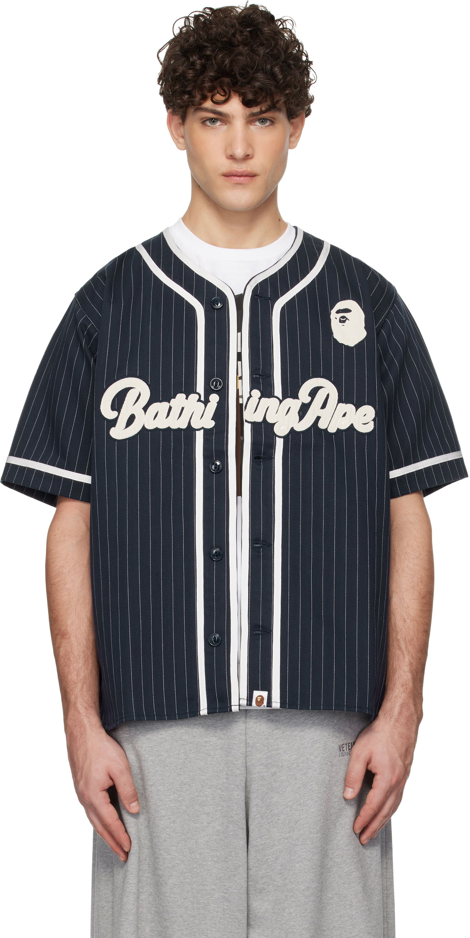 Dres BAPE Pinstripe Baseball Jersey Shirt Navy | 001SRK801001M, 0