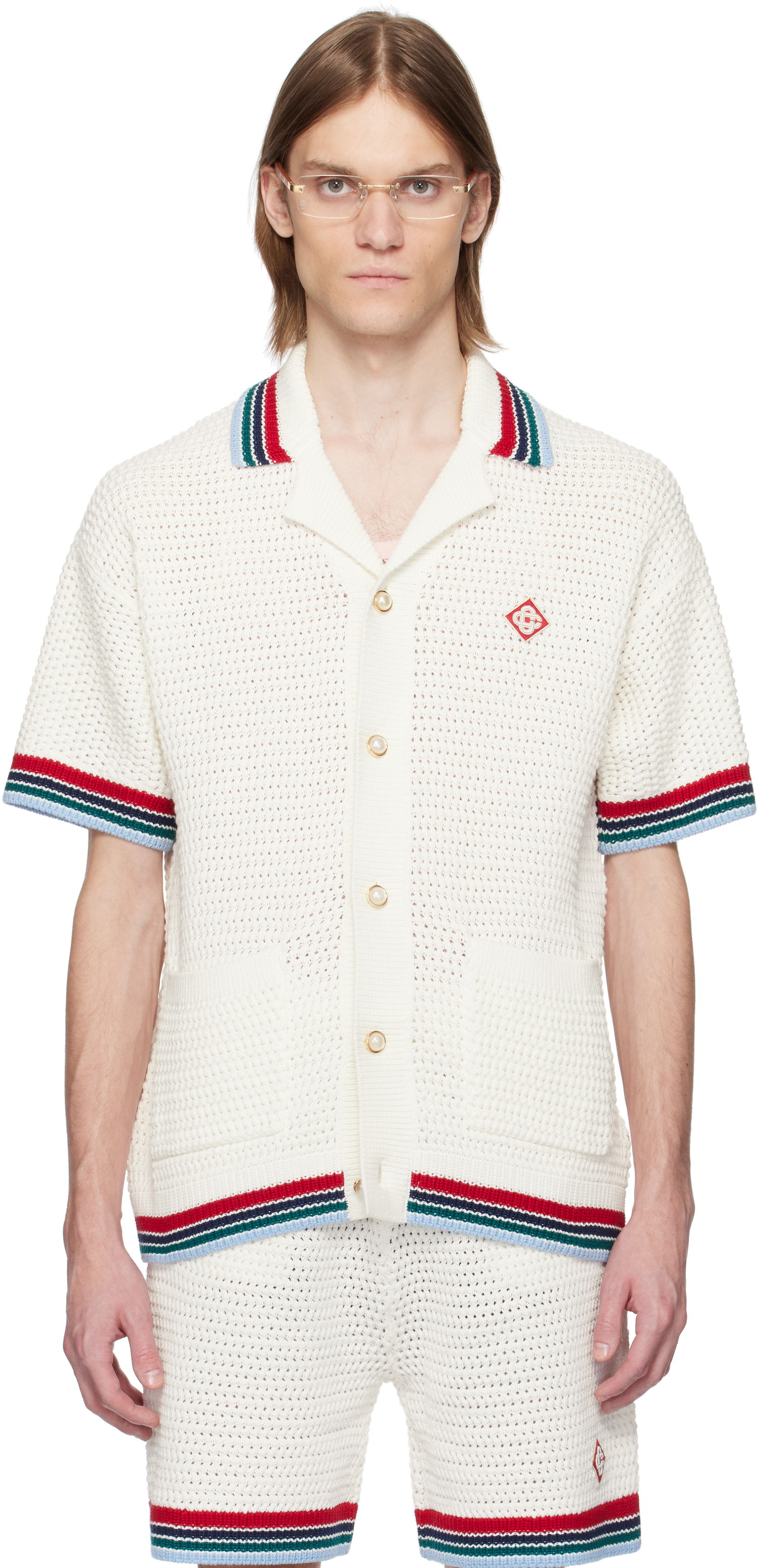 Sveter Casablanca Casablanca Gothic Crochet Knit Polo Shirt Biela | MS25-KW-920-01, 0