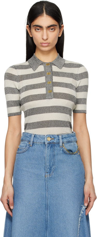 Sveter GANNI GANNI Sparkle Rib Knit Striped Polo Šedá | K2482, 0