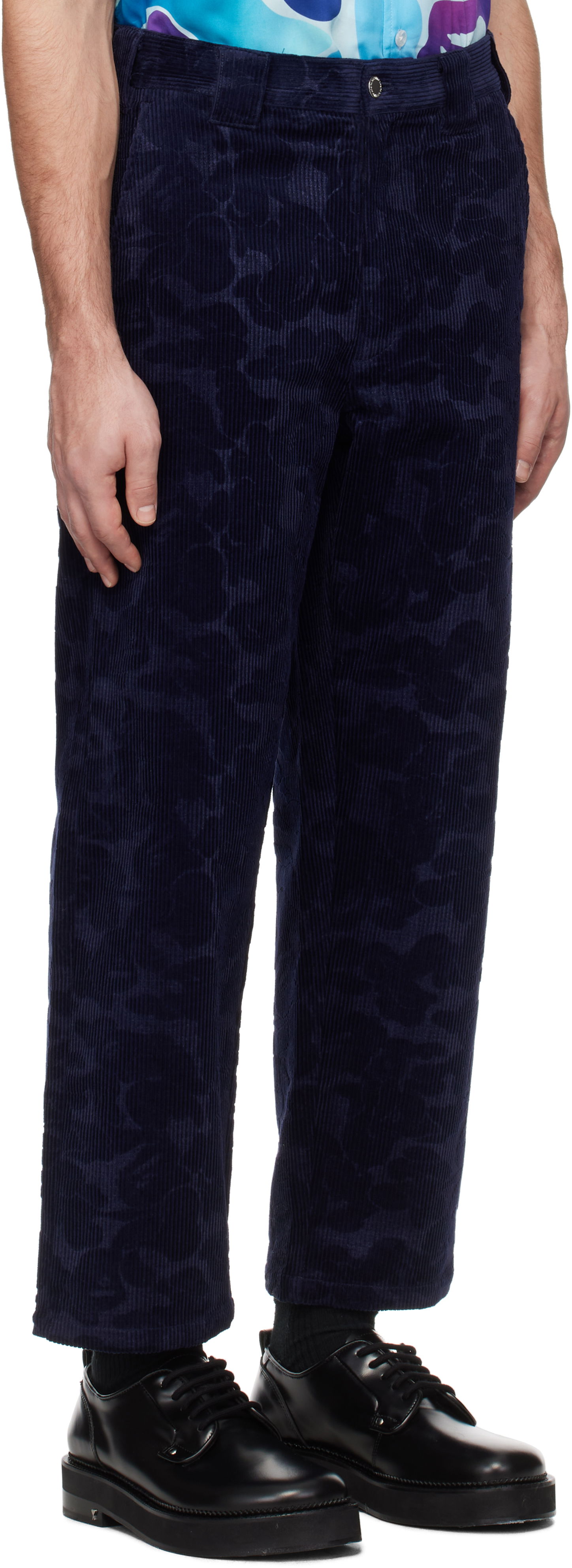 Nohavice BAPE A Bathing Ape Solid Camo Debossed Corduroy Trousers Navy | 001PTK801315M, 1