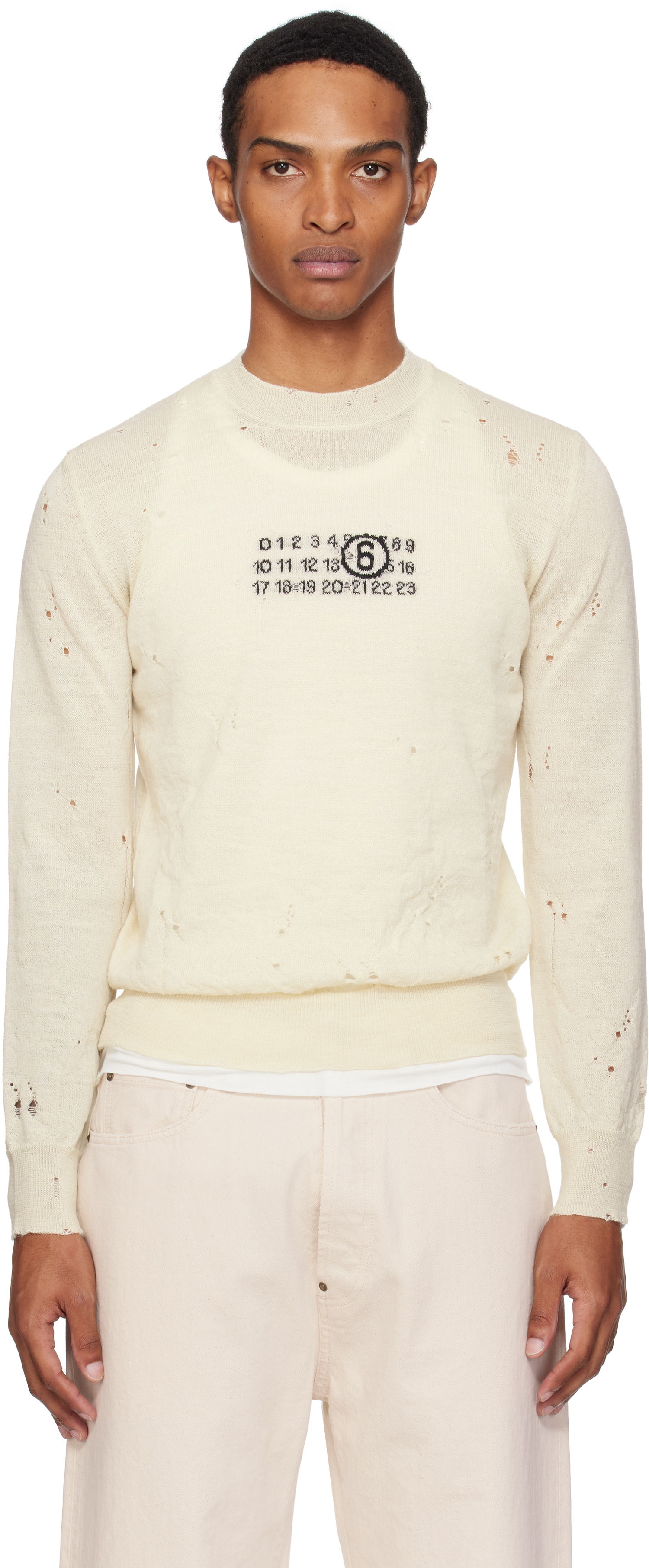 Sveter Maison Margiela MM6 Maison Margiela Distressed Wool Sweater Biela | SH0HL0033 M13134, 0