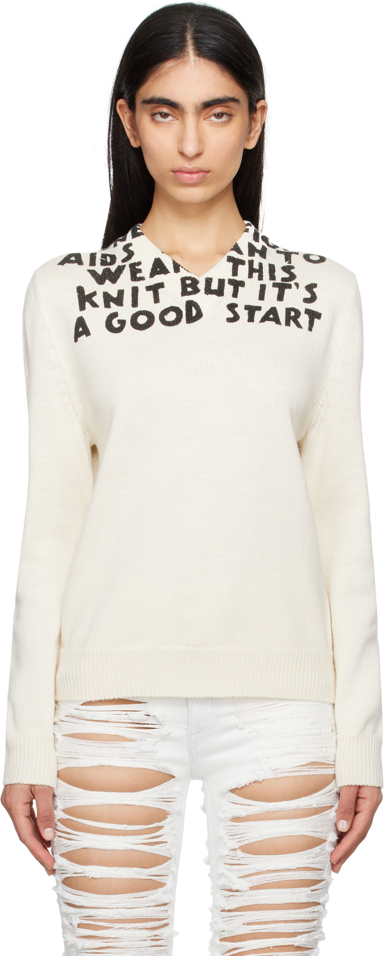 Sveter Maison Margiela MM6 Maison Margiela SIDA Print V-Neck Sweater Biela | S62HN0005 M13122, 0