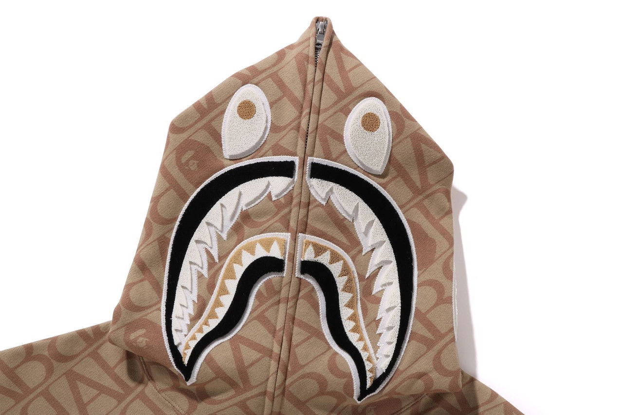 Bape Sport Monogram Shark Full Zip Hoodie Beige